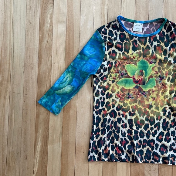 Y2K Luna. T Floral Animal Print Mesh Top - Made in USA - Sz S - Picture 4 of 11